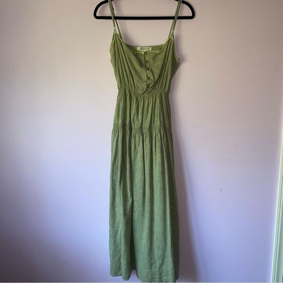 Urban Outfitters M Green Midi Dress Linen Tiered Boho Prairie Peasant Coastal - Picture 1 of 8